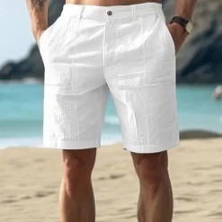 Men's Cotton Linen Shorts Summer Shorts Beach Shorts Buttons Pocket Plain Comfort Breathable Short Vacation Holiday Beach Hawaiian Boho White Khaki