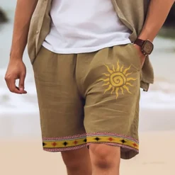 Men's Cotton Linen Shorts Summer Shorts Beach Shorts Print Drawstring Elastic Waist Sun Comfort Breathable Short Outdoor Holiday Going out Cotton Blend Ethnic Style Casual White Pink