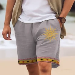 Men's Cotton Linen Shorts Summer Shorts Beach Shorts Print Drawstring Elastic Waist Sun Comfort Breathable Short Outdoor Holiday Going out Cotton Blend Ethnic Style Casual White Pink
