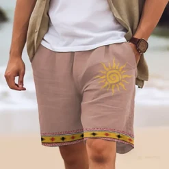 Men's Cotton Linen Shorts Summer Shorts Beach Shorts Print Drawstring Elastic Waist Sun Comfort Breathable Short Outdoor Holiday Going out Cotton Blend Ethnic Style Casual White Pink