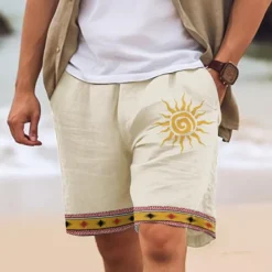 Men's Cotton Linen Shorts Summer Shorts Beach Shorts Print Drawstring Elastic Waist Sun Comfort Breathable Short Outdoor Holiday Going out Cotton Blend Ethnic Style Casual White Pink
