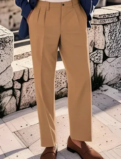 Men's Cotton Pants Chinos Buttons Pocket Pleats Plain Comfort Work Business Classic Style Black Navy Blue Micro-elastic
