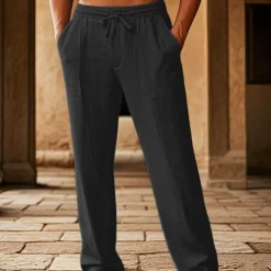 Men's Cotton Pants Pocket Drawstring Elastic Waist Plain Comfort Breathable Vacation Hawaiian Boho Black White