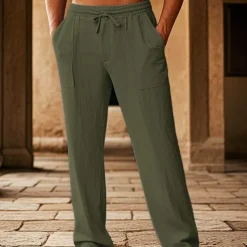 Men's Cotton Pants Pocket Drawstring Elastic Waist Plain Comfort Breathable Vacation Hawaiian Boho Black White