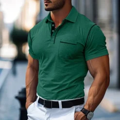 Men's Cotton Polo Shirt Golf Shirt Work Casual Lapel Short Sleeve Basic Modern Color Block Patchwork Button Spring & Summer Regular Fit Army Green Lake blue Forest Green Black White Burgundy Cotton