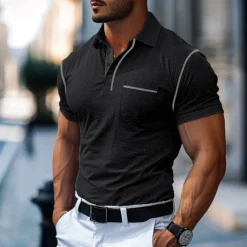 Men's Cotton Polo Shirt Golf Shirt Work Casual Lapel Short Sleeve Basic Modern Color Block Patchwork Button Spring & Summer Regular Fit Army Green Lake blue Forest Green Black White Burgundy Cotton