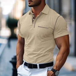Men's Cotton Polo Shirt Golf Shirt Work Casual Lapel Short Sleeve Basic Modern Color Block Patchwork Button Spring & Summer Regular Fit Army Green Lake blue Forest Green Black White Burgundy Cotton