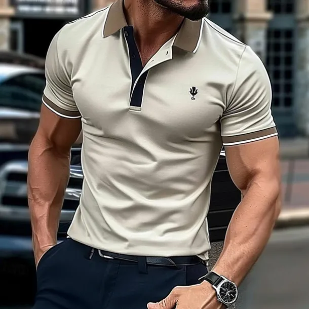 Men's Cotton Polo Shirt Golf Shirt Casual Holiday Lapel Short Sleeve Fashion Basic Color Block Patchwork Summer Regular Fit Navy-blue milk white khaki Cotton Polo Shirt