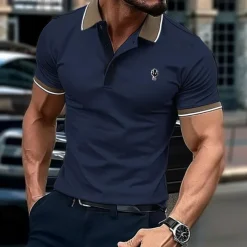 Men's Cotton Polo Shirt Golf Shirt Casual Holiday Lapel Short Sleeve Fashion Basic Color Block Patchwork Summer Regular Fit Navy-blue milk white khaki Cotton Polo Shirt