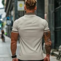 Men's Cotton Polo Shirt Golf Shirt Casual Holiday Lapel Short Sleeve Fashion Basic Color Block Patchwork Summer Regular Fit Navy-blue milk white khaki Cotton Polo Shirt