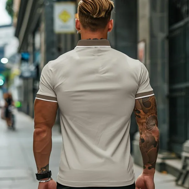 Men's Cotton Polo Shirt Golf Shirt Casual Holiday Lapel Short Sleeve Fashion Basic Color Block Patchwork Summer Regular Fit Navy-blue milk white khaki Cotton Polo Shirt