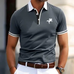 Men's Cotton Polo Shirt Golf Shirt Business Casual Ribbed Polo Collar Short Sleeve Fashion Basic Solid Color Color Block Buttons Summer Spring & Fall Regular Fit Light Blue Black Blue Cotton Polo