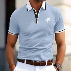 Men's Cotton Polo Shirt Golf Shirt Business Casual Ribbed Polo Collar Short Sleeve Fashion Basic Solid Color Color Block Buttons Summer Spring & Fall Regular Fit Light Blue Black Blue Cotton Polo