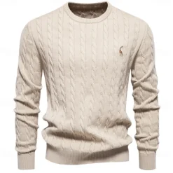 Men's Cotton Pullover Sweater Jumper Knit Embroidery Deer Crew Neck Knitwear Elegant Christmas Outdoor Clothing Apparel Fall Winter Black White S M L