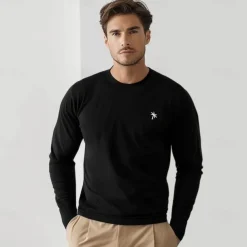 Men's Cotton T shirt Tee Embroidered Palm Tree Crew Neck Training Outdoor Long Sleeve Clothing Apparel Elegant Warm Vacation Vintage