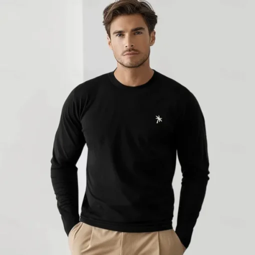 Men's Cotton T shirt Tee Embroidered Palm Tree Crew Neck Training Outdoor Long Sleeve Clothing Apparel Elegant Warm Vacation Vintage