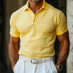 Men's Cotton Waffle Polo Shirts Golf Shirt Casual Holiday Lapel Ribbed Polo Collar Short Sleeve Fashion Basic Plain Buttons Soft Summer Spring Regular Fit White Yellow Green Gray Waffle Polo