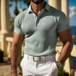 Men's Cotton Waffle Polo Shirts Golf Shirt Casual Holiday Lapel Ribbed Polo Collar Short Sleeve Fashion Basic Plain Buttons Soft Summer Spring Regular Fit White Yellow Green Gray Waffle Polo