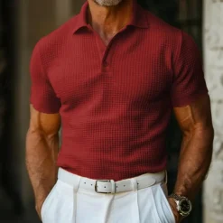 Men's Cotton Waffle Polo Shirts Golf Shirt Casual Holiday Lapel Ribbed Polo Collar Short Sleeve Fashion Basic Plain Buttons Soft Summer Spring Regular Fit White Yellow Green Gray Waffle Polo