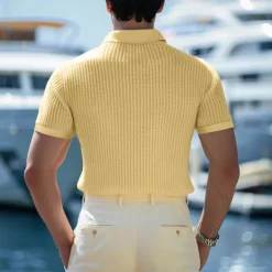 Men's Cotton Waffle Polo Shirts Golf Shirt Casual Holiday Lapel Ribbed Polo Collar Short Sleeve Fashion Basic Plain Buttons Soft Summer Spring Regular Fit White Yellow Green Gray Waffle Polo