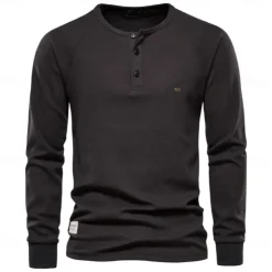Men's Cotton Waffle Shirt Henley School Training Long Sleeve Button Clothing Apparel Elegant Warm Active Vintage