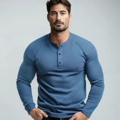 Men's Cotton Waffle Shirt Henley School Training Long Sleeve Button Clothing Apparel Elegant Warm Active Vintage