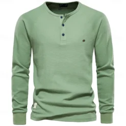 Men's Cotton Waffle Shirt Henley School Training Long Sleeve Button Clothing Apparel Elegant Warm Active Vintage