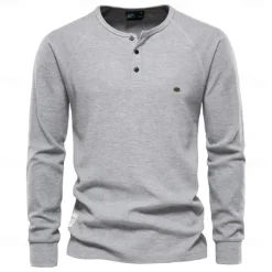 Men's Cotton Waffle Shirt Henley School Training Long Sleeve Button Clothing Apparel Elegant Warm Active Vintage