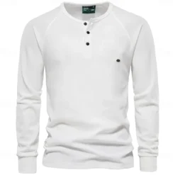 Men's Cotton Waffle Shirt Henley School Training Long Sleeve Button Clothing Apparel Elegant Warm Active Vintage