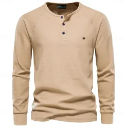 Men's Cotton Waffle Shirt Henley School Training Long Sleeve Button Clothing Apparel Elegant Warm Active Vintage
