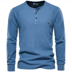 Men's Cotton Waffle Shirt Henley School Training Long Sleeve Button Clothing Apparel Elegant Warm Active Vintage