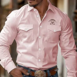 Men's Cow Letter Printed Western Shirt Button Up Shirt Shirt Jacket Long Sleeve Fashion Casual Outdoor Streetwear Spring Fall Turndown Collared Shirts Front Two Pockets White Pink Light Blue