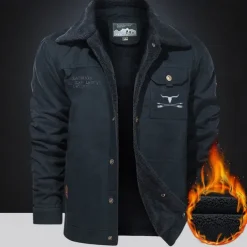 Men's Cow Print Embroidered Fleece Jacket Sherpa Trucker Jacket Work Cargo Jacket Turn-Down Collar Warm Winter Cotton Jacket Vintage Casual Going Out Coat Multi-Pockets