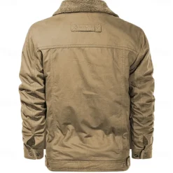 Men's Cow Print Embroidered Fleece Jacket Sherpa Trucker Jacket Work Cargo Jacket Turn-Down Collar Warm Winter Cotton Jacket Vintage Casual Going Out Coat Multi-Pockets