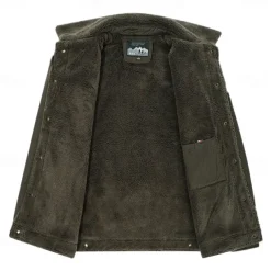 Men's Cow Print Embroidered Fleece Jacket Sherpa Trucker Jacket Work Cargo Jacket Turn-Down Collar Warm Winter Cotton Jacket Vintage Casual Going Out Coat Multi-Pockets