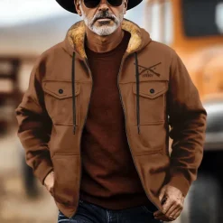 Men's Cowboy Fleece Hoodies Fashion Cool Long Sleeve Hooded Holiday Streetwear Black Brown Zipper Pocket Fall Winter Designer