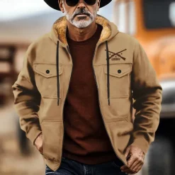 Men's Cowboy Fleece Hoodies Fashion Cool Long Sleeve Hooded Holiday Streetwear Black Brown Zipper Pocket Fall Winter Designer