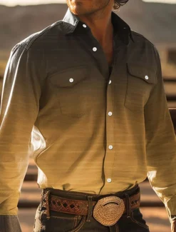 Men's Cowboy Western Shirt Button Up Shirt Cowboy Shirt Long Sleeve Vintage Western Style Daily Wear Spring Fall & Winter Turndown Collared Shirts 3D Print Front Pocket Yellow Blue Khaki
