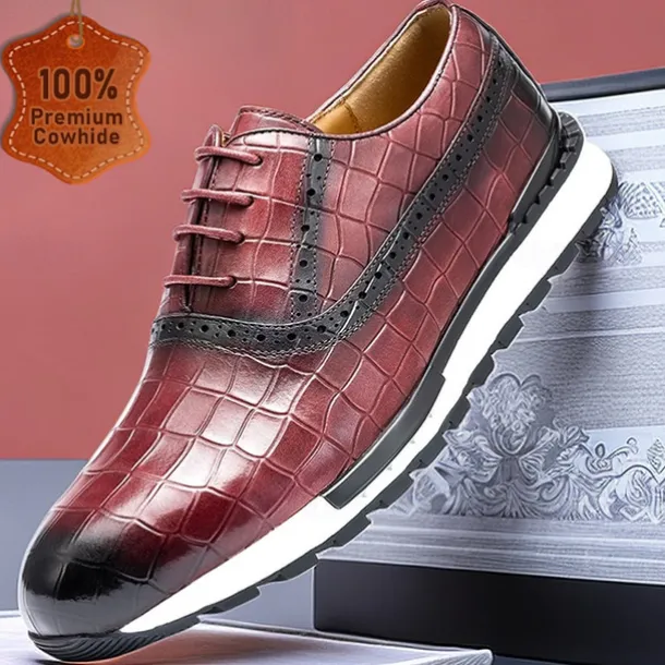 Men's Crocodile Pattern Leather Lace-Up Casual Shoes - Comfortable Oxford Sneakers for Everyday Wear
