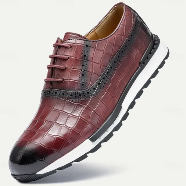 Men's Crocodile Pattern Leather Lace-Up Casual Shoes - Comfortable Oxford Sneakers for Everyday Wear
