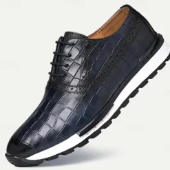 Men's Crocodile Pattern Leather Lace-Up Casual Shoes - Comfortable Oxford Sneakers for Everyday Wear