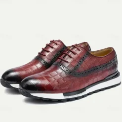 Men's Crocodile Pattern Leather Lace-Up Casual Shoes - Comfortable Oxford Sneakers for Everyday Wear