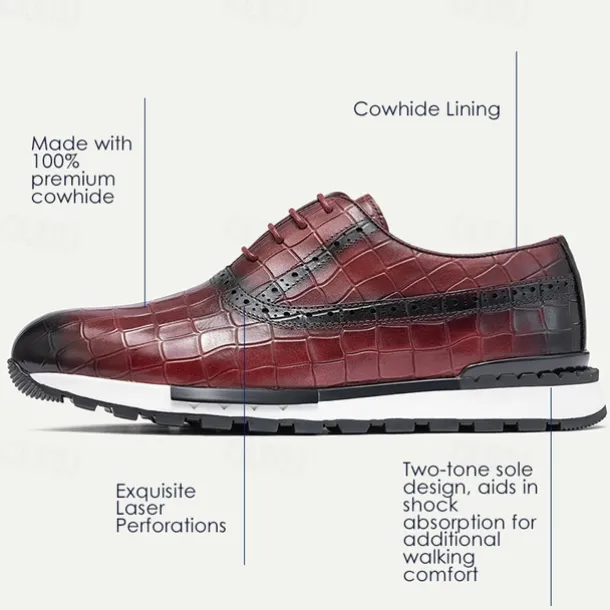 Men's Crocodile Pattern Leather Lace-Up Casual Shoes - Comfortable Oxford Sneakers for Everyday Wear