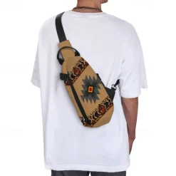 Men's Crossbody Bag Shoulder Bag Chest Bag Polyester Outdoor Daily Holiday Zipper Print Large Capacity Lightweight Multi Carry National Totem Earth Yellow Grey