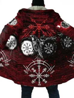 Men's Crow Totem Winter Coat Fleece Jacket Coat Warm Breathable Comfortable Vintage Abstract Sports & Outdoor Daily Wear Going out Zipper Pocket Print Fall & Winter Hoodie Long Sleeve Wine