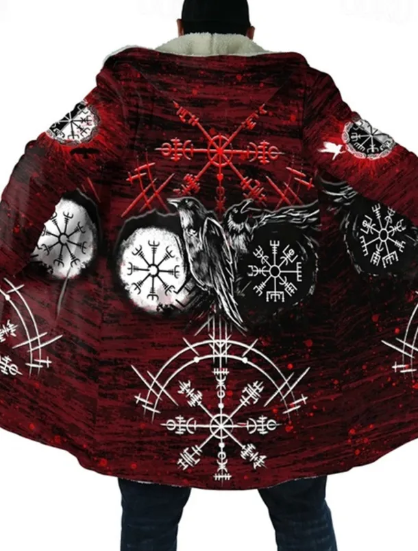 Men's Crow Totem Winter Coat Fleece Jacket Coat Warm Breathable Comfortable Vintage Abstract Sports & Outdoor Daily Wear Going out Zipper Pocket Print Fall & Winter Hoodie Long Sleeve Wine