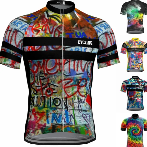 Men's Cycling Jersey Graffiti Funny Short Sleeve Bike Jersey Top with 3 Rear Pockets Mountain Bike MTB Road Bike Cycling Quick Dry Reflective Strips Back Pocket Moisture Wicking Sports Black Yellow