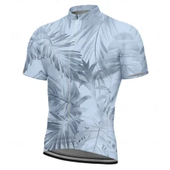 Men's Cycling Jersey Graphic Leaf Plants Short Sleeve Bike Tee Tshirt Top with 3 Rear Pockets UV Resistant Quick Dry Front Zipper Reflective Strips Sports Blue Green Grey Clothing Apparel