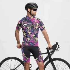Men's Cycling Jersey Skull Short Sleeve Bike Tee Tshirt Jersey with 3 Rear Pockets Mountain Bike MTB Quick Dry Anatomic Design Wicking Breathable Sports Violet Dark Purple Red Clothing Apparel
