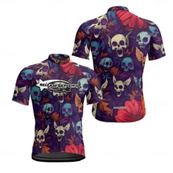 Men's Cycling Jersey Skull Short Sleeve Bike Tee Tshirt Jersey with 3 Rear Pockets Mountain Bike MTB Quick Dry Anatomic Design Wicking Breathable Sports Violet Dark Purple Red Clothing Apparel